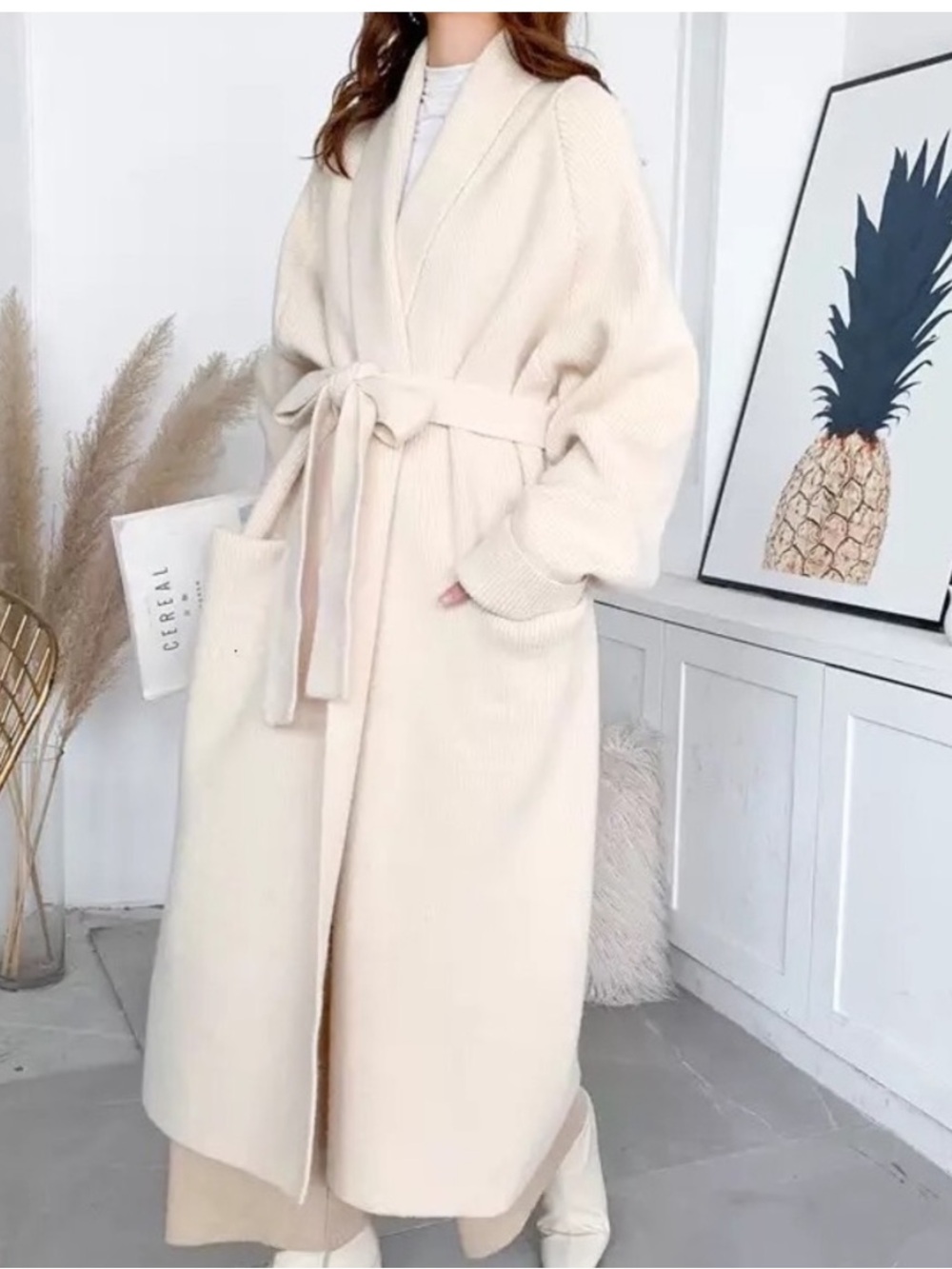 NWT • GORGEOUS Cream Longline Knit Belted Cardigan Sweater Coat / Coatigan - Picture 15 of 16